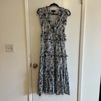 Maxi Vestido Robert Rodriguez Azul Floral Algodón Volantes Talla 0 Foto 1 de 4