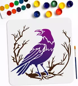 Crow Branch Divination Stencils 11.8×11.8Inch Large Raven on Branch Stencils - Picture 1 of 12