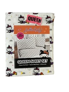 NEW Hello Kitty Halloween White Witches QUEEN SHEET SET - Picture 1 of 2