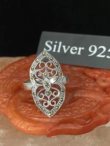 Solid Silver Marcasite Ring ( Art Nevoue Style) E Longated Statement Ring - Picture 1 of 6