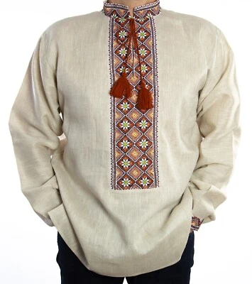 Ukrainian VYSHYVANKA for men beige orange linen hand Embroidered SHIRT Wedding - Image 1 of 4