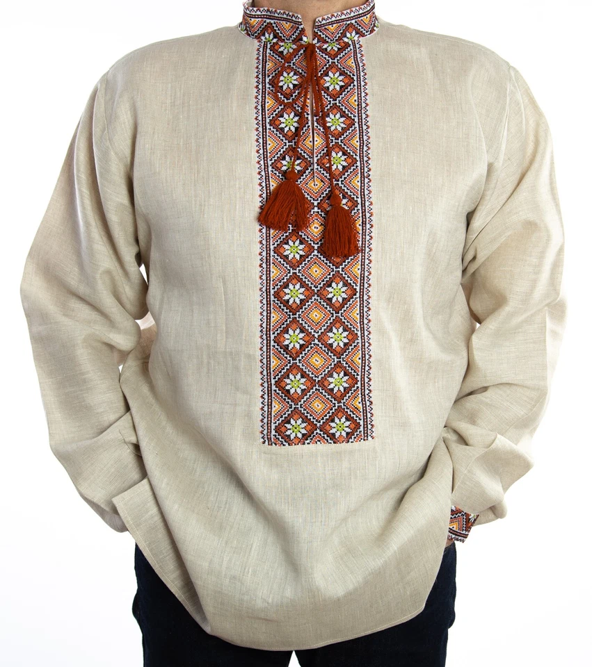 Ukrainian VYSHYVANKA for men beige orange linen hand Embroidered SHIRT Wedding - Image 1 of 4