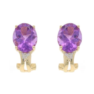 Yellow Gold Amethyst Diamond J-Hoop Earrings - 14k Oval 4.84ctw Pierced - Picture 1 of 7