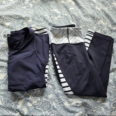 Athleta Matching Set Navy Striped Hyper Tank PR Chaturanga Capri Leggings - Image 1 of 4