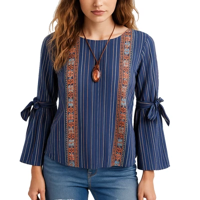 Blusa LC Lauren Conrad Feminina S Listrada Azul Boho Manga Amarrada - Imagem 1 de 4