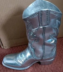 VTG Cowboy Boot Dept 56 Pewter Silver Metal Planter Vase 9'' - Picture 1 of 4