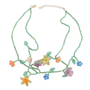 Green Beaded Flower Multi Layered Necklace Ornament For Women - Picture 1 of 7