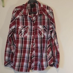 Helix Embroidered Red Plaid Western Shirt Long Sleeve Pearl Snap Pockets Lrg - Picture 1 of 8