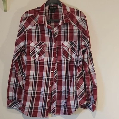 Helix Embroidered Red Plaid Western Shirt Long Sleeve Pearl Snap Pockets Lrg - Image 1 of 4