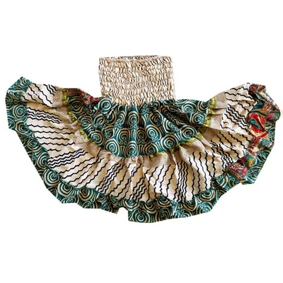 Mini Silk Skirt Upcycled Saris Smocked Waist Beige Green Festival Tiered Skirt - Image 1 of 2