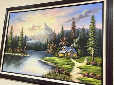 LG 41x30 Painting Framed Oil On Canvas log Cabin Mountains Lake  W. Jenkins art  - Image 1 of 4