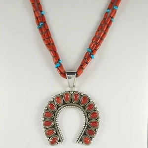 Ned Nez Navajo Sterling Silver Necklace Pendant Set Mediterranean Coral Cluster - Picture 1 of 9