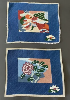 2 Handpainted Needlepoint Canvas Asian Flowers & Mandarin Duck Finished Unframed - Image 1 of 4