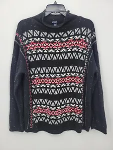 Chaps Ralph Lauren Sweater Womens Medium Red Black Aztec Fair Isle Mock Neck - Picture 1 of 10