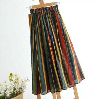 Mujeres Falda de Algodón a Rayas Midi Étnica Cintura Elástica Hippie Boho Multicolor Foto 1 de 4