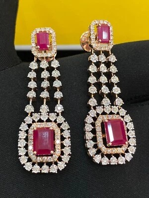 Real 5.40 Ct Round Brilliant Natural Diamonds Ruby Dangle Earrings 14K Rose Gold - Image 1 of 4