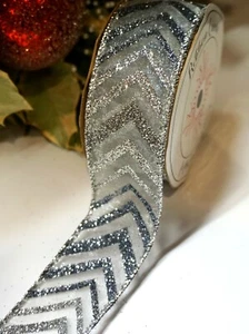 3m X 1.5" Grey Silver Glitter Wired Chevron Ribbon Wreath Bows Christmas Party - Picture 1 of 4