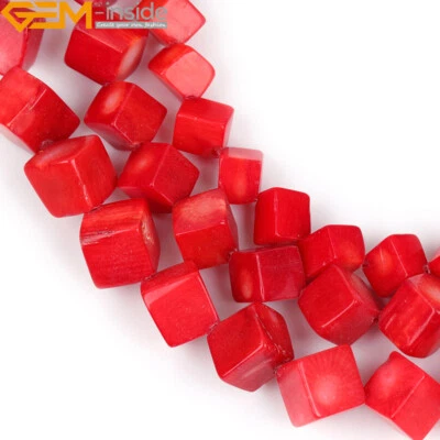 Diagonal Cube Dyed Red Coral Stones Beads For Women Jewelry Making 15" Gift - Image 1 of 4