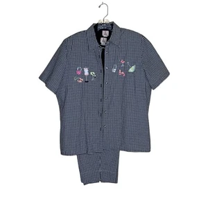 KORET Women’s XL Pantsuit 4 PC B&W Check Embroidered XL Short Sleeve Capri Pants - Picture 1 of 15