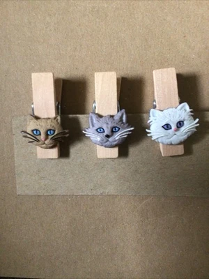 Handmade Mini Wooden Refrigerator Magnets, Cat Faces, Set of 3, Memo Holders - Imagem 1 de 2