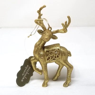 Christmas Ornament Reindeer Gold Glitter Regal Holiday Deer with Saddle Detail - Image 1 of 4