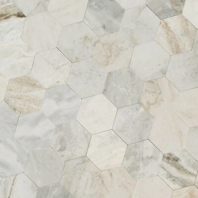 SAMPLE - Peel and Stick 4" Hexagon Arabescato Marble Mosaic Wall Tile - Image 1 of 3