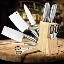 Ceppo in Legno set Portacoltelli da Cucina kit 6 Pezzi Coltelli e Forbici Cucina