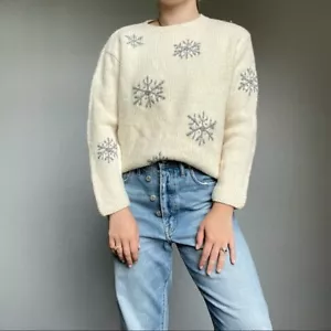 Suéter Vintage Años 90 Lands End 100% Lana Blanco Copo de Nieve Navidad Crew Talla S - Imagen 1 de 7