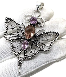 925 Sterling Silver Morganite Gemstone Jewelry Butterfly Pendant Size-2.10" - Picture 1 of 2