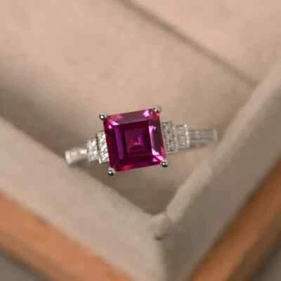 2.10 Ct Princess Cut Natural Ruby Diamond Anniversary Ring 14K White Gold SizeAL - Image 1 of 4