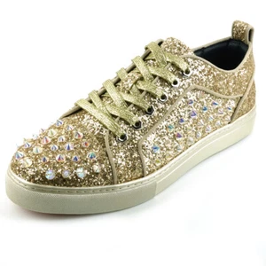 FI-2414 Gold Glitter Gold Spikes Lace up Low Cut Sneaker Encore by Fiesso - Picture 1 of 8