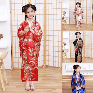 New Japanese Childrens Girls Red with Flower Prints Long Kimono Outfit gjk2 - Picture 1 of 8