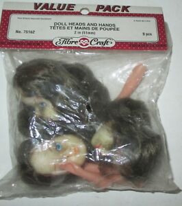 OLD PACKAGE OF FIBRE CRAFT 3 DOLL HEADS AND ARMS * FEMALE BRUNETTE * 2 INCH