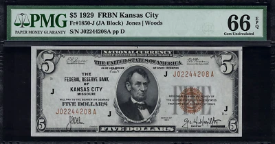 1929 $5 Federal Reserve Bank Note Kansas City - FR.1850-J - Graded PMG 66 EPQ - Image 1 of 2