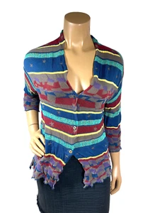 M. & Kyoko Knit Cardigan Sweater Size F 3/4 Sleeves Button Front Stars Stripes - Picture 1 of 9