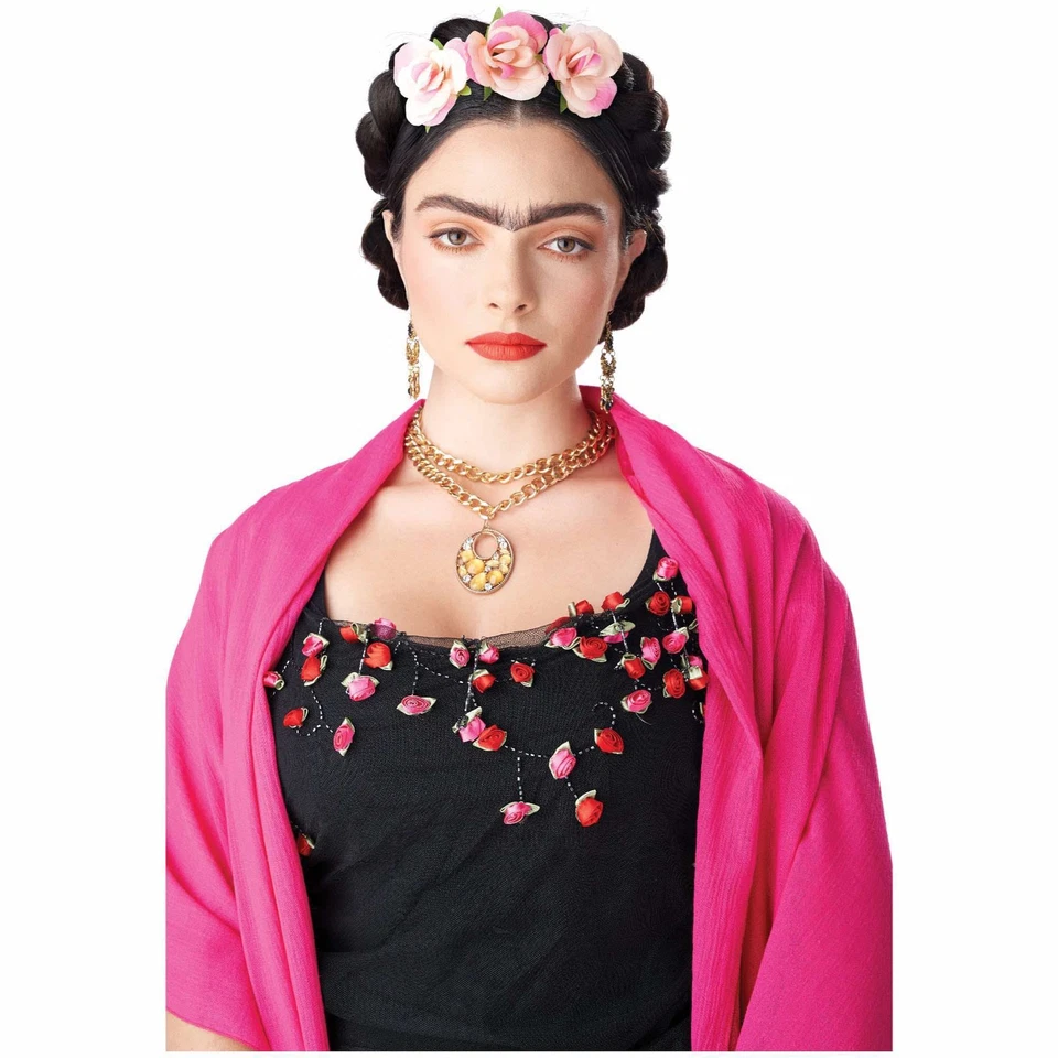 Folk Artist Frida Mexican Painter Brown Womens Wig Braid Clip-In Flowers - Image 1 of 3