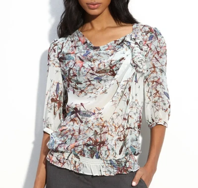Blusa Ted Baker 100% Seda con Estampado de Libélula Transparente y Pájaro Talla S Foto 1 de 4