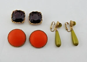 3 Vintage Clip Earrings Orange Green Dangle - Picture 1 of 7