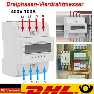 Drehstromzähler geeicht für DIN Hutschiene + 5(100)A 230/400V 3 Phasen 4 Draht - Bild 1 von 4