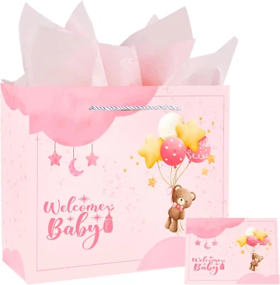 Gfinyhm 13" Baby Girl Gift Bag for Baby Shower or Birthday with Handle, Tissue P - Image 1 of 4