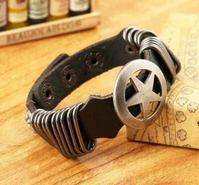 MEN/Women Vintage Lucky Star Shield Genuine Leather Wristband/ Leather Bracelet - Image 1 of 4