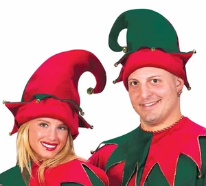 Elf Hat Red & Green 2 Sided Unisex Fabric & Foam Christmas Novelty Hat W/ Bells - Picture 1 of 1