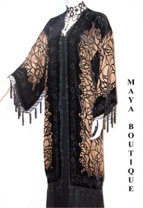Fringe Jacket Kimono Silk Burnout Velvet Beaded Spider Black Beige Maya Matazaro - Picture 1 of 5