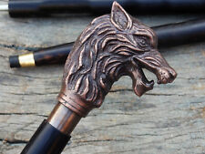 CLASSIC STYLE WOODEN WALKING STICK CANE WOLF FACE HANDLE NICKLE FINISH
