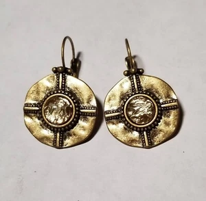 Etruscan Style Bronze Tone Disc Earrings With Center Stone - Picture 1 of 11