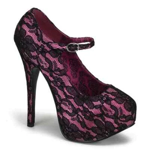 Zapatos Bordello Teeze-07L Rosa Caliente Satinado-Negro Encaje Superpuestos EN STOCK - Imagen 1 de 1