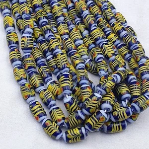AA vintage Blue Fancy Feather Pattern glass beads Strand Necklace - Picture 1 of 8