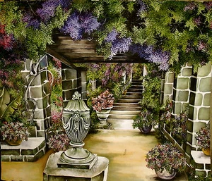 Pintura Impresionista AGUA COLOR Escena Jardín Neo Clásico Arquitectónico 22x26 - Imagen 1 de 1