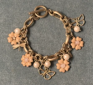 Vintage Gliederarmband mit rosa Blumen, Libellen & Schmetterlingen - Bild 1 von 4