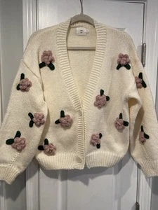 NWT Luna + Ivy Anthropologie Size S Cream Lavender Cardigan 3D Appliqué Flowers - Picture 1 of 10